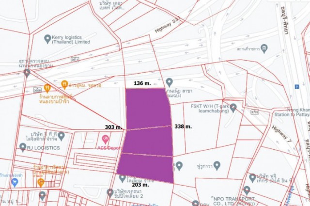 ขายที่ดินผังสีม่วง 32 ไร่ ติดถนนใหญ่ ใกล้ท่าเรือแหลมฉบัง เหมาะทำคลังสินค้า